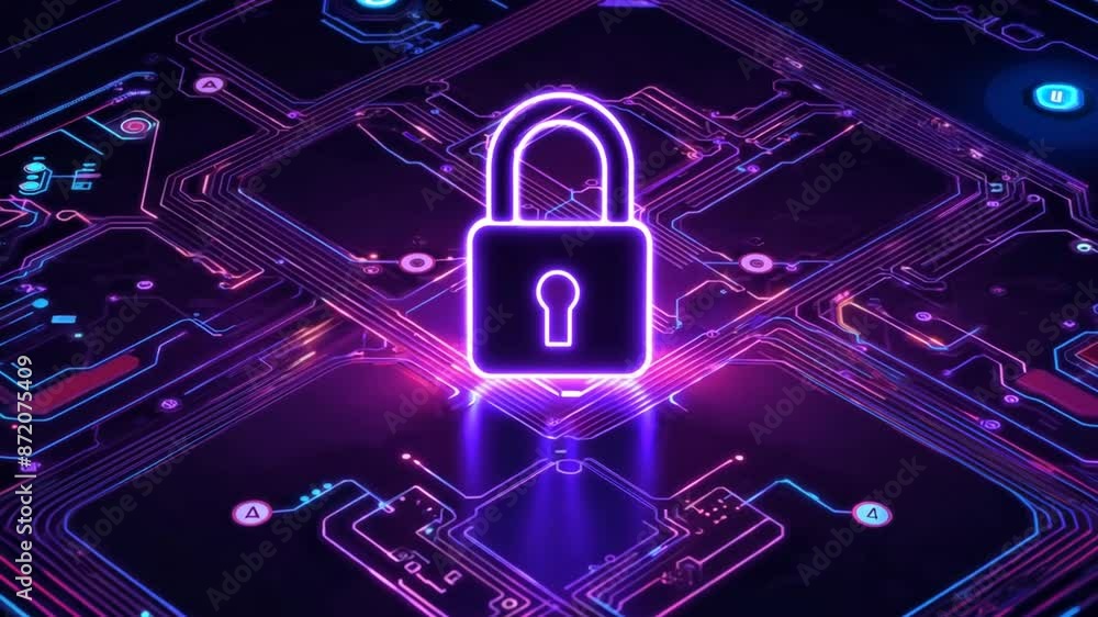 Poster neon padlock on circuit board generative ai