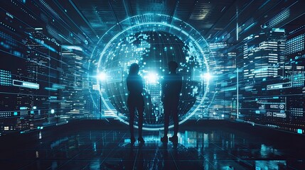 Fototapeta premium Two silhouettes stand in a high-tech city, observing a glowing digital globe, representing global connectivity and advanced technology..