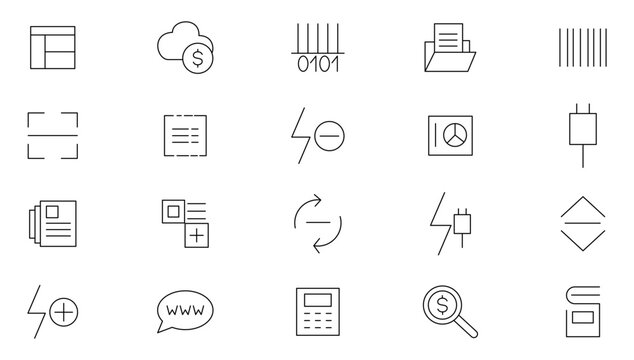 Flashcode linear icon set. Online, barcode, payment, details, code, scan outline icon collection. UI thin outline icons pack.