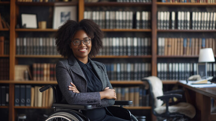 Confident African American Businesswoman in Wheelchair Smiling in Professional Office Environment

