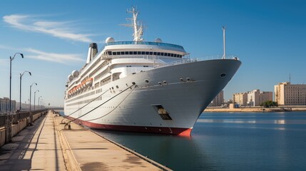 a large cruise ship is docked in a harbor.