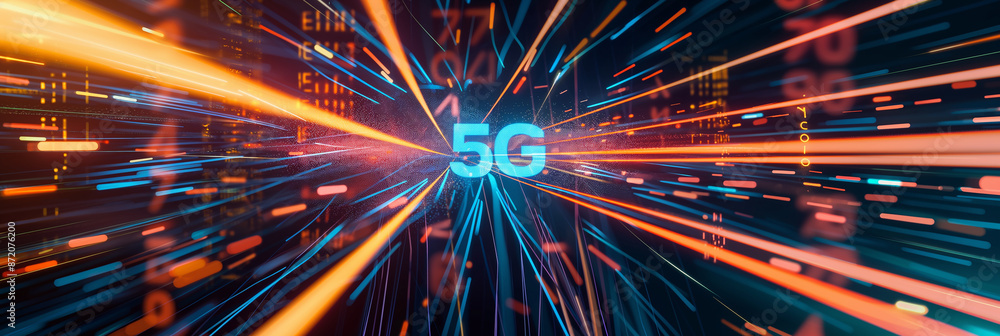 Aufkleber digital data is flying through cyberspace with the 5g logo in the center