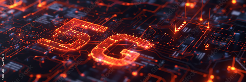 Aufkleber 5g sign glowing on circuit board with data transferring