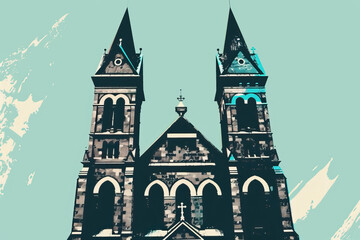 Obraz premium Risograph riso print travel poster, card, wallpaper banner illustration, modern, clear, simple of Kaiser Wilhelm Memorial Church, Berlin, Germany. Artistic, landmark printing, stencil backdrop backgro