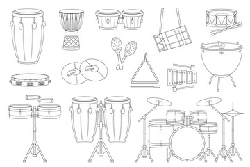 Vector illustration set of percussion musical instruments for coloring in cartoon style isolated on white background