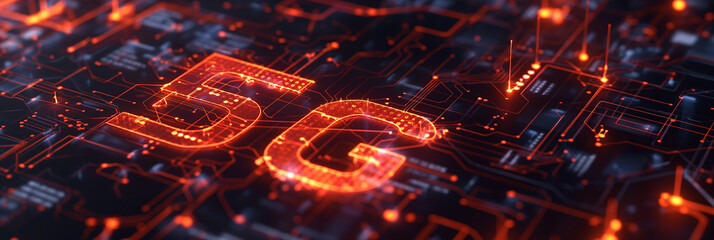 5g sign glowing on circuit board with data transferring
