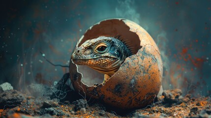 A baby dinosaur's head poking out of a fractured egg, with the surrounding shell fragments hinting at the birth of a tiny prehistoric animal.
