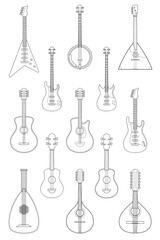 Vector illustration set of string instruments playing by plucking the strings for coloring in cartoon style isolated on white background