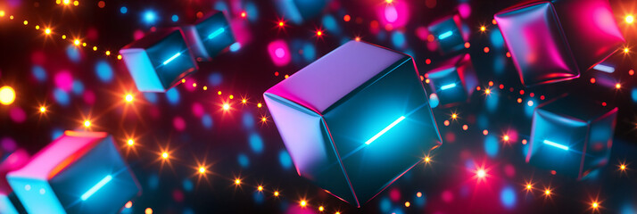 Glowing cubes floating in abstract space with neon lights