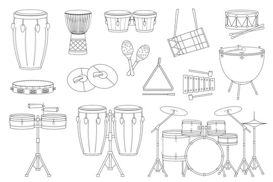 Vector illustration set of percussion musical instruments for coloring in cartoon style isolated on white background