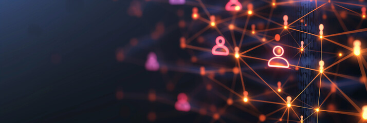 Network connecting user icons with lines and nodes glowing in the dark