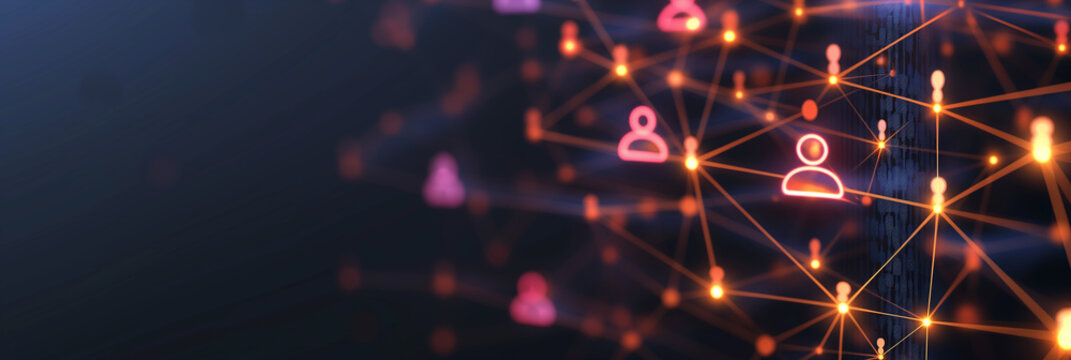 Network connecting user icons with lines and nodes glowing in the dark