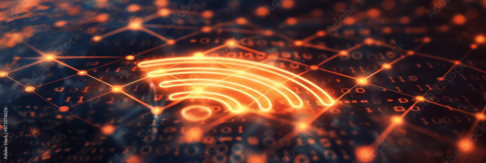 Poster Wifi symbol glowing on motherboard surrounded by binary code