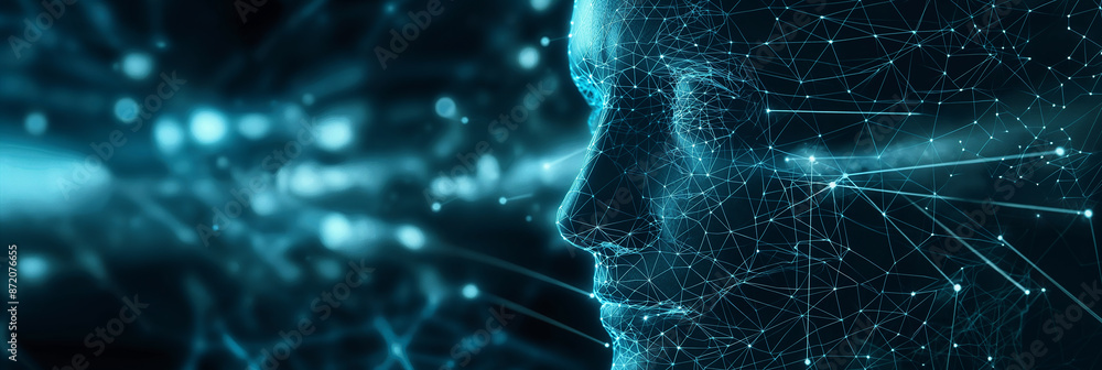 Poster Artificial intelligence face emerging from futuristic network data stream