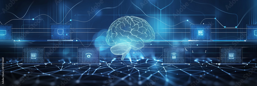 Poster Artificial intelligence brain connecting digital devices and information technologies