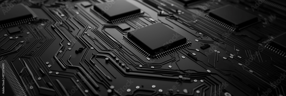 Poster Modern printed circuit board showing microchips and electronic components