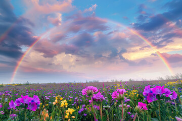 Generative ai on theme of beautiful tranquil landscape with magical bright rainbow at cloudy sky