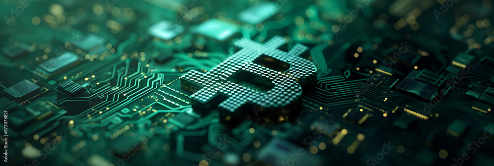 Aufkleber bitcoin symbol emerging from motherboard showing blockchain technology
