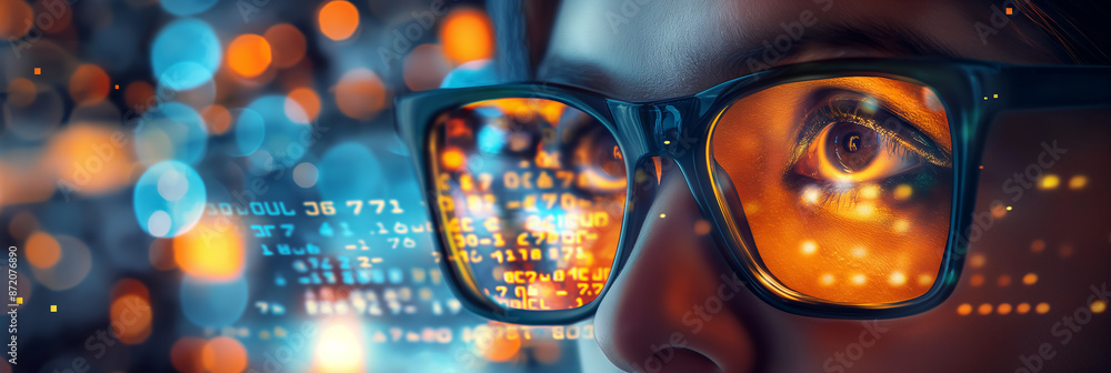 Poster Woman programmer working with numbers reflecting in glasses