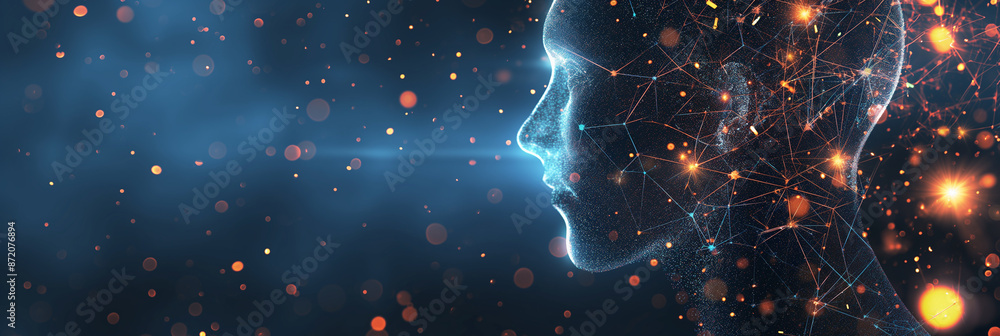 Poster Artificial intelligence ai face composed of luminous network mesh on dark background