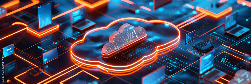 Poster Glowing cloud computing symbol with circuit board and data transfering on devices