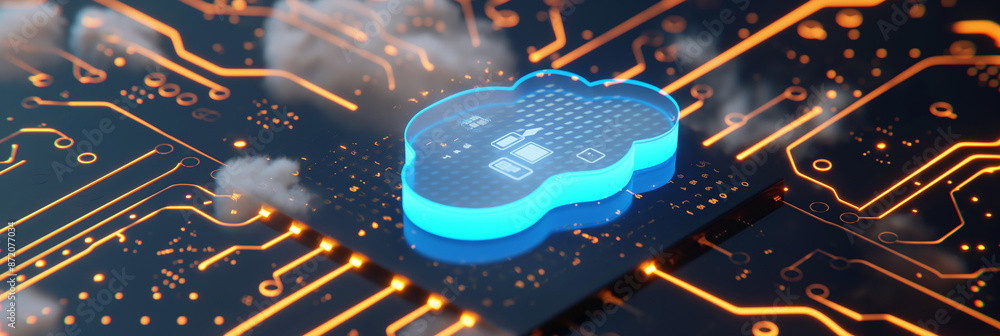 Poster cloud computing technology with glowing cloud icon on motherboard
