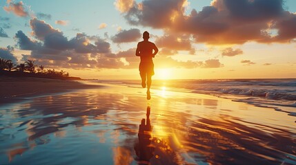 Fototapeta premium Silhouette of a man running along the beach during a stunning sunset, reflecting vibrant colors on the water...