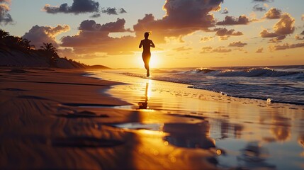 Silhouette of a man running along the beach during a stunning sunset, reflecting vibrant colors on the water...