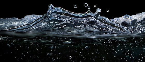 Water wave on black background ,Liquid suface line between underwater and above water with black background, Show water bubble splashing and floating drop
