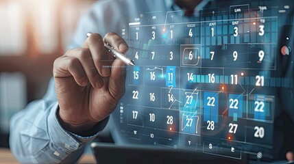 Close-up of a businessman using a futuristic digital calendar interface for scheduling and planning in a modern office setting...