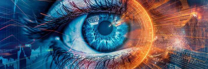 Human eye observing futuristic technological data analysis display