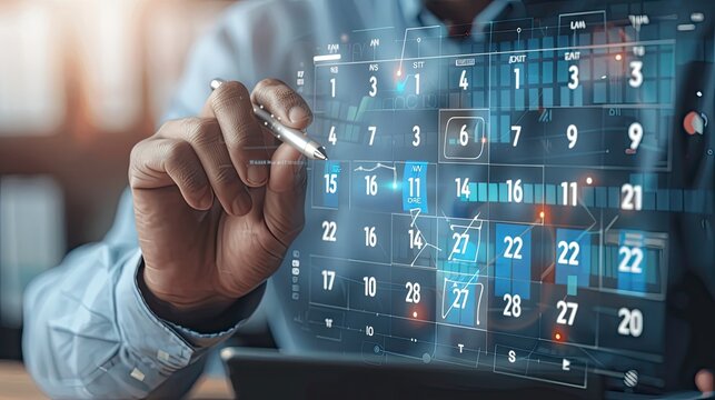 Close-up of a businessman using a futuristic digital calendar interface for scheduling and planning in a modern office setting...