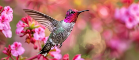 Fototapeta premium Hummingbird in Flight. Anna's Hummingbird Feeding on Pink Flowers