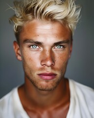A young man with blonde hair and green eyes.