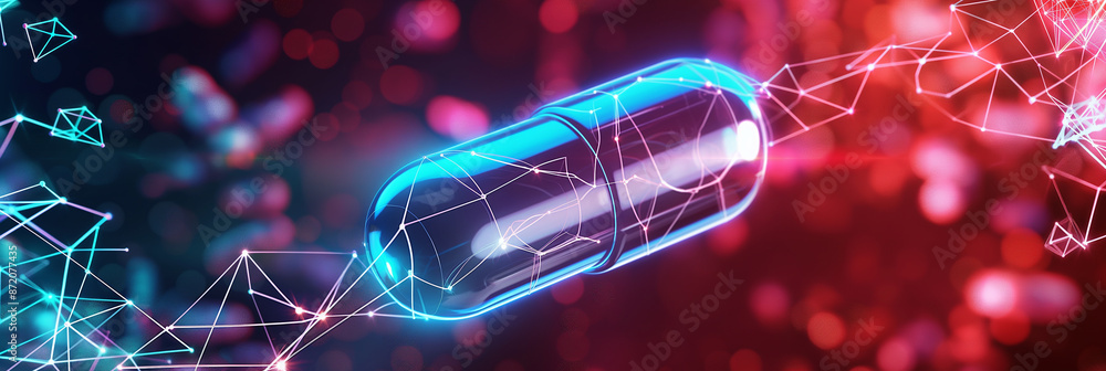Poster blue pill floating with glowing geometric lines on red background