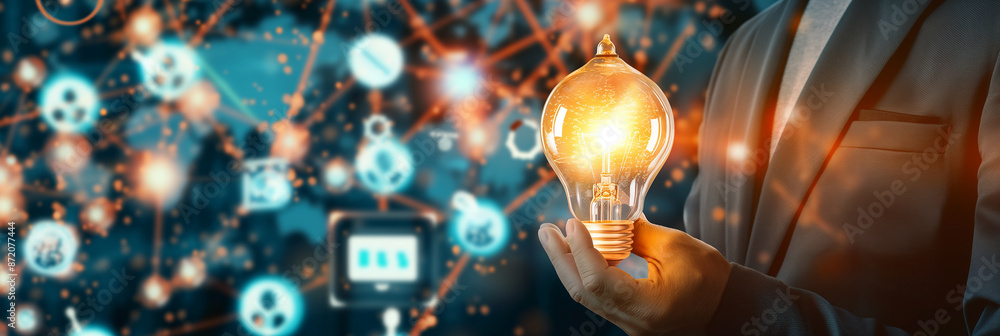 Poster Businessman holding illuminated lightbulb with network connection in background