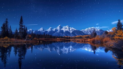 Serene Night Landscape. Snow-capped Mountains Reflected in a Crystal Clear Lake Under a Starry Sky