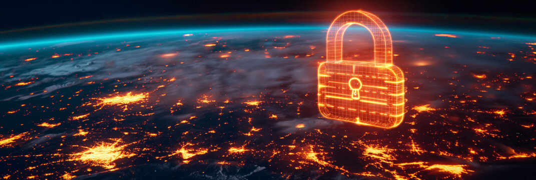 Digital padlock protecting earth from cyber attacks at night