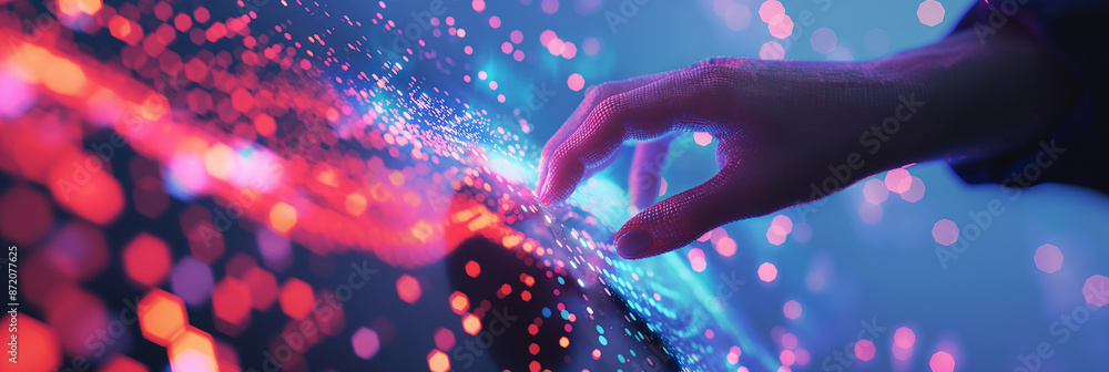 Poster Software engineer interacting with futuristic holographic interface displaying big data analytics