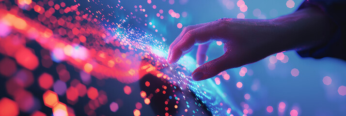 Software engineer interacting with futuristic holographic interface displaying big data analytics