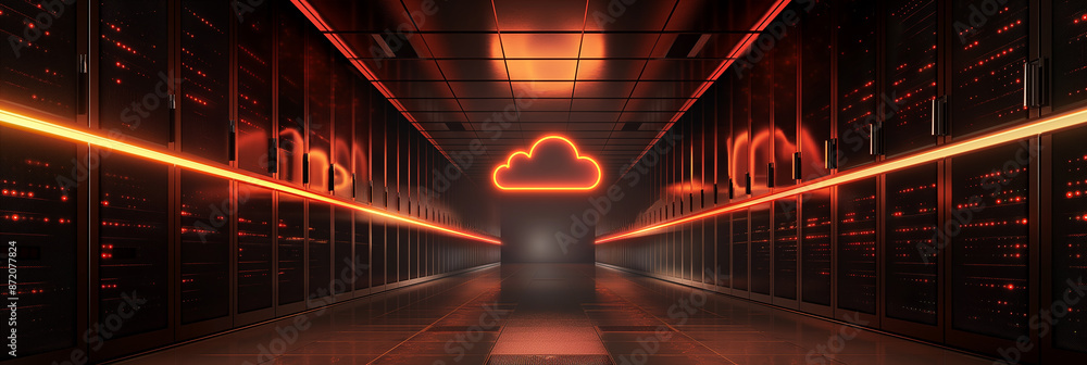 Poster Cloud computing technology symbol inside large data center server room