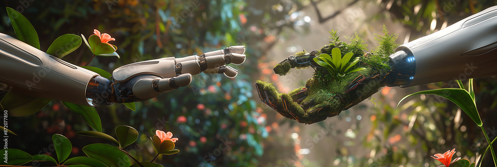 Poster Robot and nature hands touching in lush green forest
