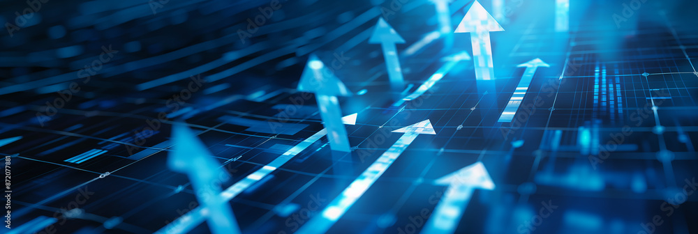 Poster multiple arrows pointing up representing business growth on blue background