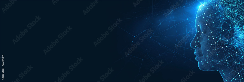 Poster Artificial intelligence is forming from abstract polygon mesh on dark blue background