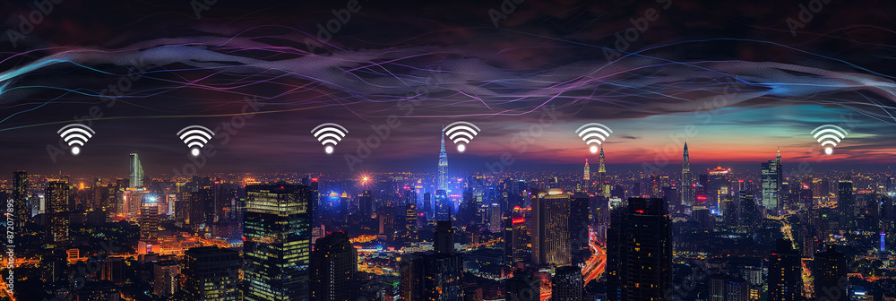 Poster wireless network and connection technology connecting the cityscape at night