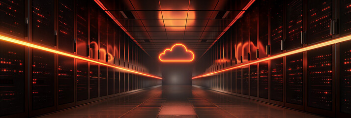 Cloud computing technology symbol inside large data center server room