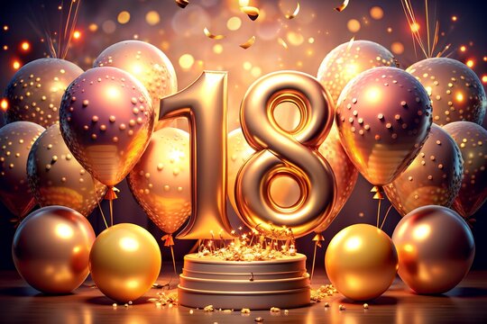 festive background congratulations on the anniversary - birthday. the number 18 on the background of bright balloons and a large birthday cake with candles