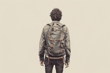 A lone figure, seen from behind, stands with a backpack against a minimalist background.  The image evokes a sense of travel, adventure, and solitude.