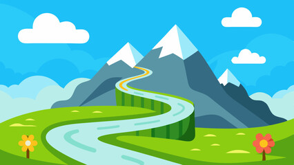 Obraz premium Illustration of a curvy highway on a green hill with flowers, glaciers on rocky peaks, and clouds in the blue sky