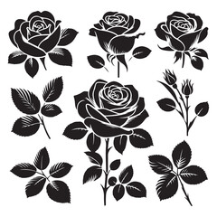 Set of roses silhouettes isolated on a white background, Vector illustration.